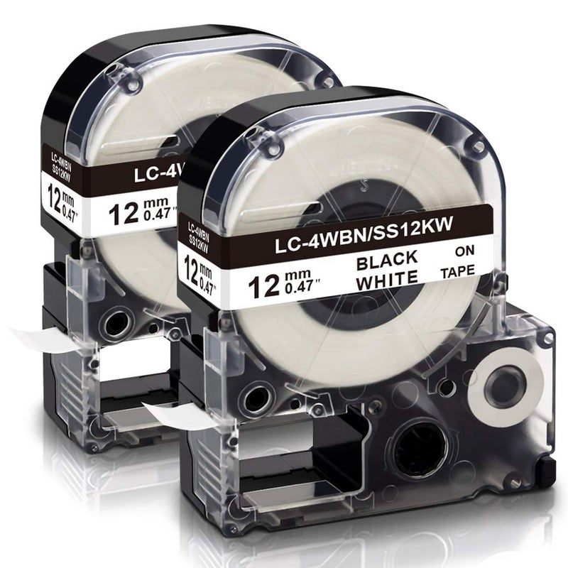 Absonic LC-4WBN Label Tape Compatible for LK-4WBN LC 4WBN9 SS12KW 12mm Label Cartridge for Epson LabelWorks LW-300 LW-400 LW-500 LW-600P LW-K200PX Label Maker, Black on White, 1/2" x 26', 2-Pack - Image 1